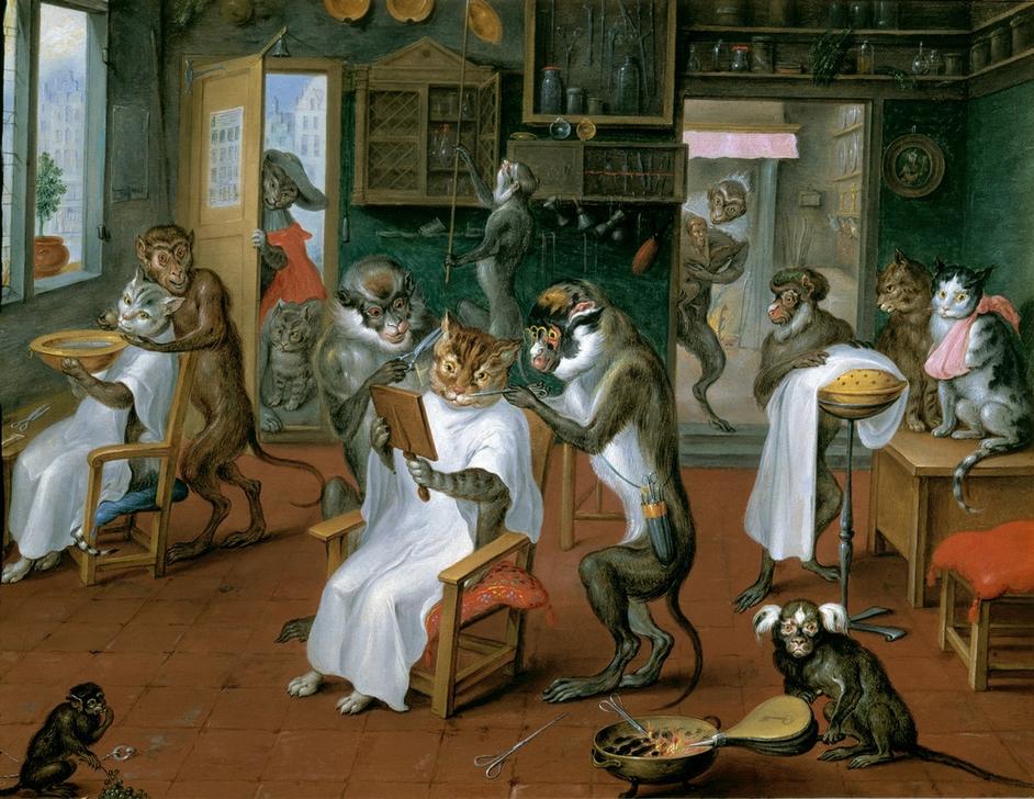 Barbierstube mit Affen und Katzen de Abraham Teniers