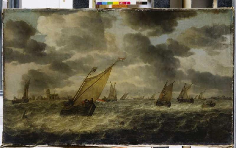 Die Mündung der Maas mit Segelbooten und Ruderkahn, im Hintergrund Dordrecht de Abraham van Beyeren