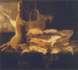 Stillleben mit Fischen und totem Hasen de Abraham van Beyeren