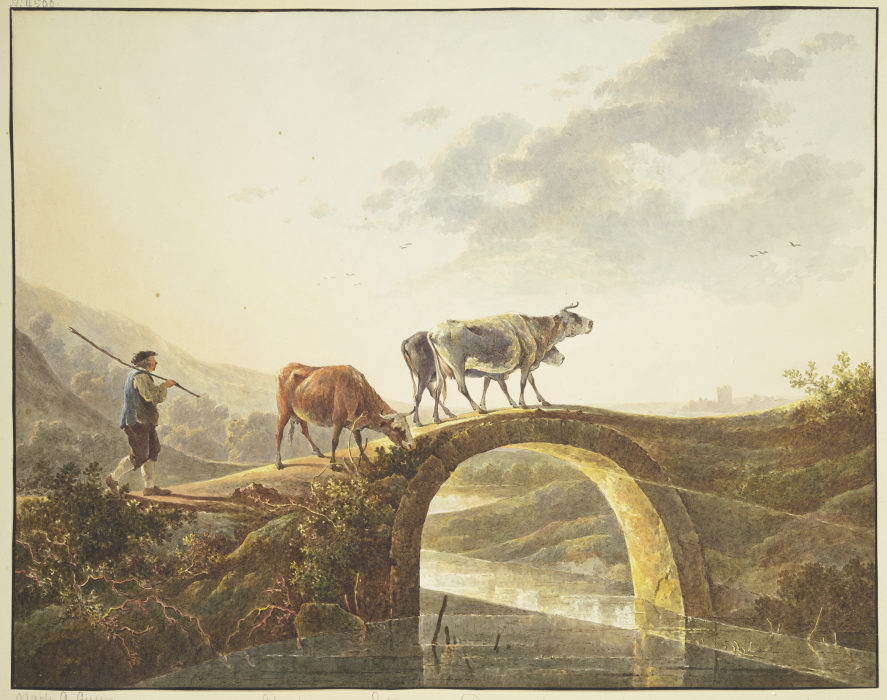 Hirte mit drei Rindern auf einer Flußbrücke de Abraham van Strij