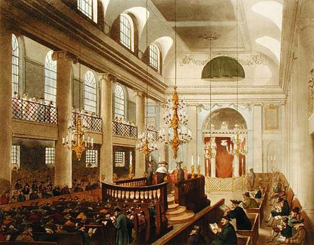 Synagogue, Dukes Place, Houndsditch, from Ackermann's 'Microcosm of London', engraved by Sunderland de A.C. Rowlandson