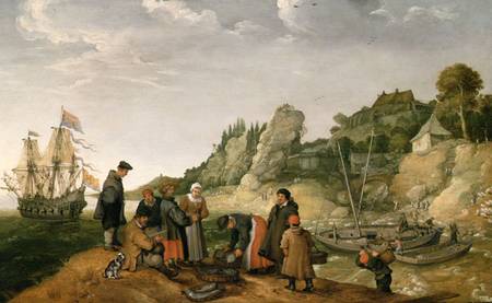 Fisherman unloading and selling their catch on a rocky shoreline de Adam Willaerts
