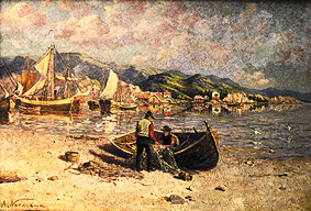 Fiord scene with fishermen de Adelsteen Normann