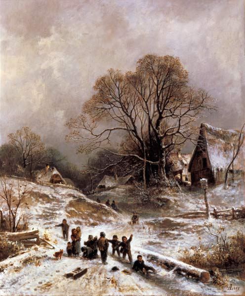 Children playing in the snow de Adolf Heinrich Lier