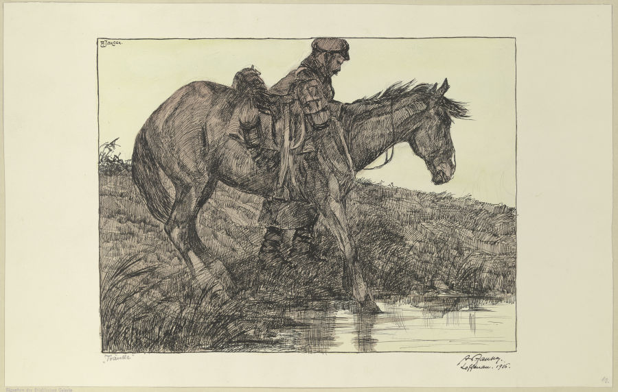 Tränke. Soldat mit Pferd am Wasser de Adolf Jansen