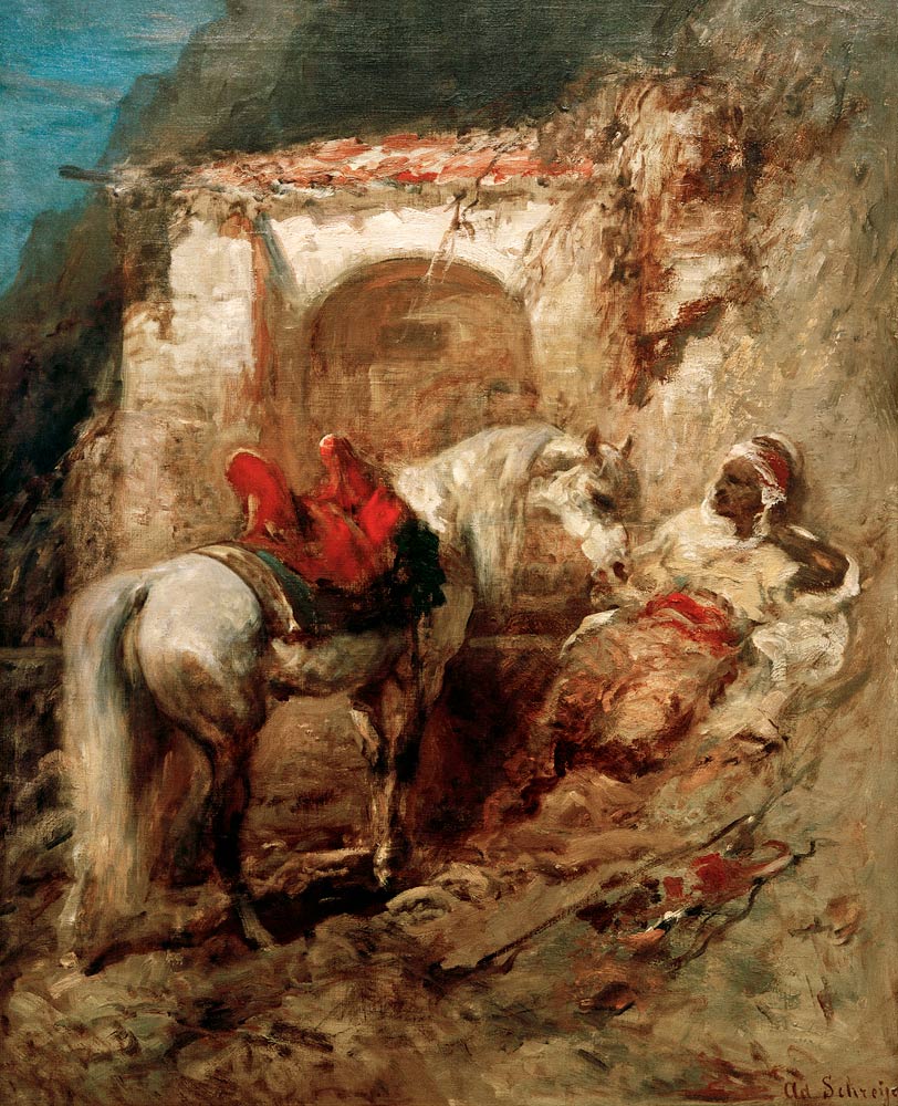 Zwei Freunde (Ein Araber mit seinem Pferd an einem Brunnen) de Adolf Schreyer