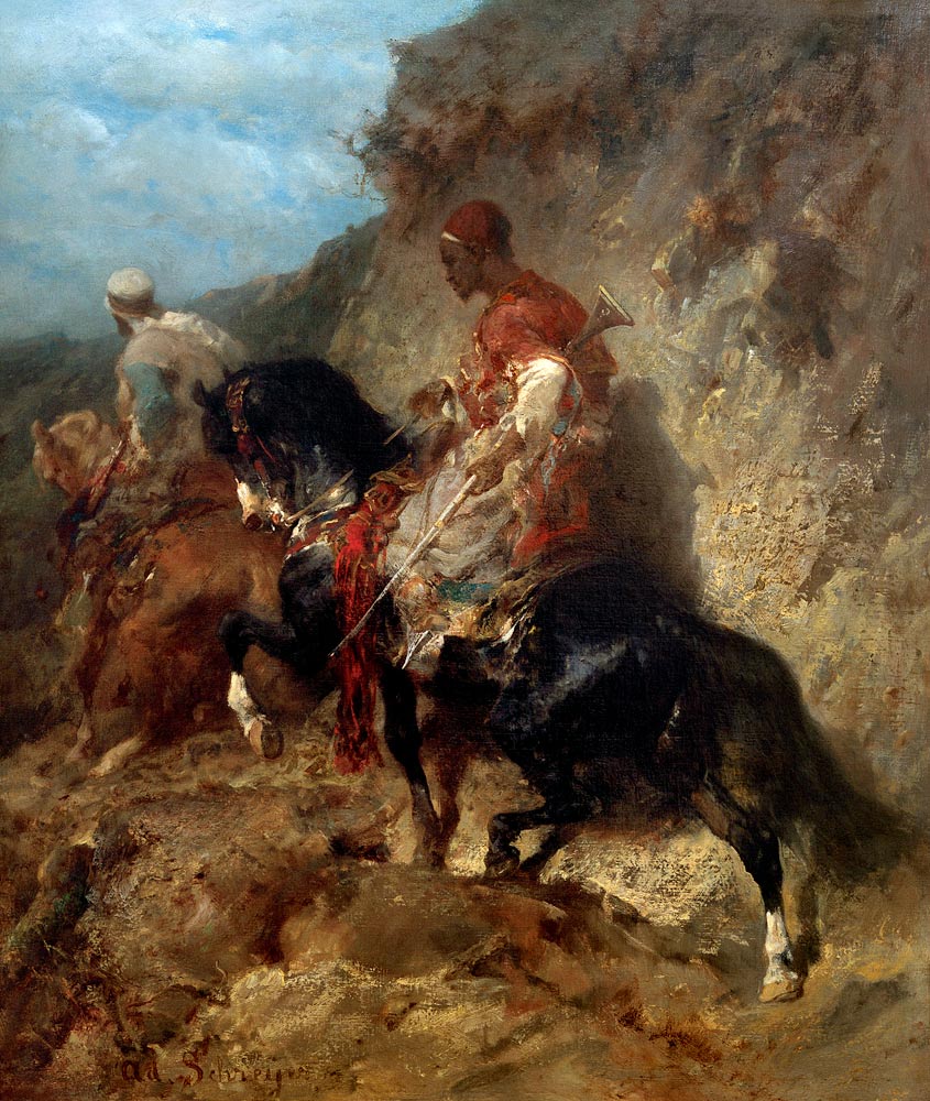Zwei arabische Reiter an einer Felswand de Adolf Schreyer