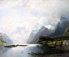 Fiord landscape with steamships and sailing boats