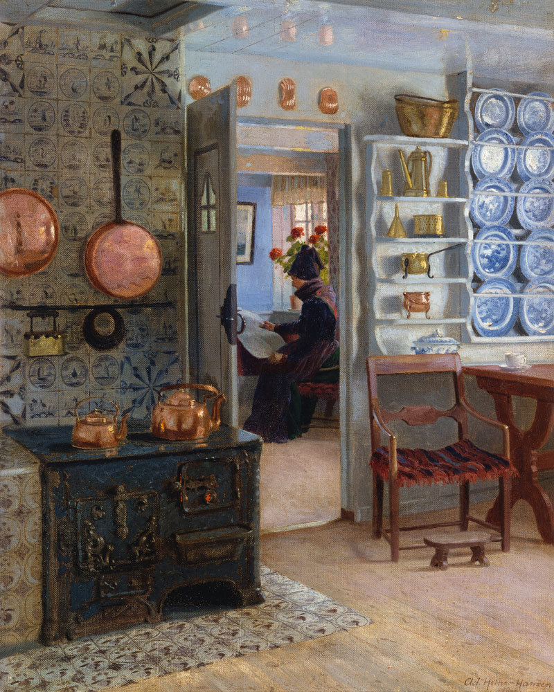 Lesende Frau, Blick durch die Küchentür de Adolf Heinrich Hansen