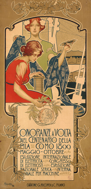 Poster advertising the exhibition of electrical products held in honor of the 100th anniversary of t de Adolfo Hohenstein