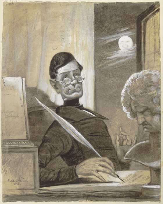 Der Musikschriftsteller Anton Schindler bei Mondschein an seinem Schreibtisch sitzend, neben ihm die de Adolph Mende