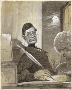 Der Musikschriftsteller Anton Schindler bei Mondschein an seinem Schreibtisch sitzend, neben ihm die