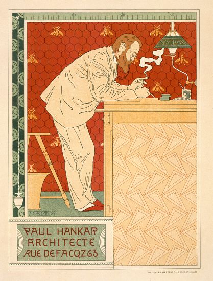 Reproduction of a poster advertising the architectural practice of Paul Hankar de Adolphe Louis Charles Crespin