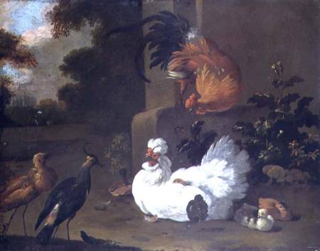 A Ruft, a Lapwing and chickens by a mounting block de Adriaen van Oolen