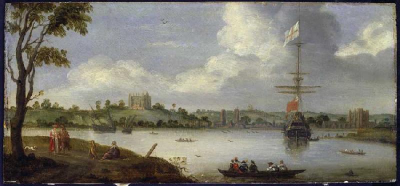 Vista del Nor-este sobre el Palacio de Greenwich con un barco de guerra de Adriaen van Stalbemt