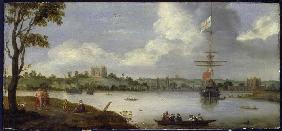 Vista del Nor-este sobre el Palacio de Greenwich con un barco de guerra