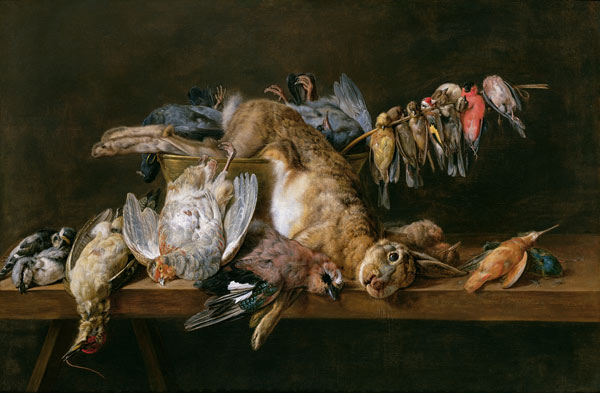Still life of dead birds and a hare on a table de Adriaen van Utrecht