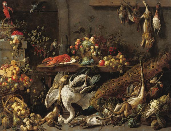 Naturaleza muerta con frutas y animales muertos de Adriaen van Utrecht