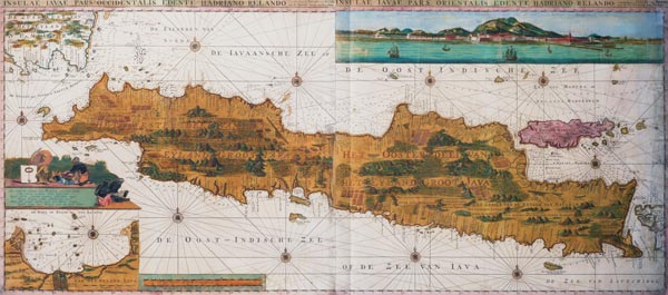 Insulae lavae, a large folding map of Java with two insets both depicting views of Batavia (Jakarta) de Adrian Reland