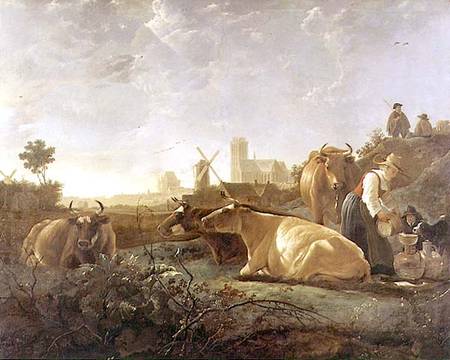 A Distant View of Dordrecht with Sleeping Herdsman and Five Cows ('The Small Dort') de Aelbert Cuyp