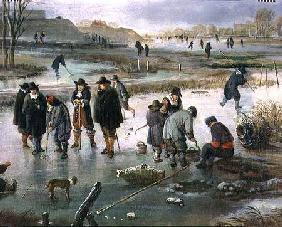 Ice Skating outside the City Walls, detail of ice hockey players