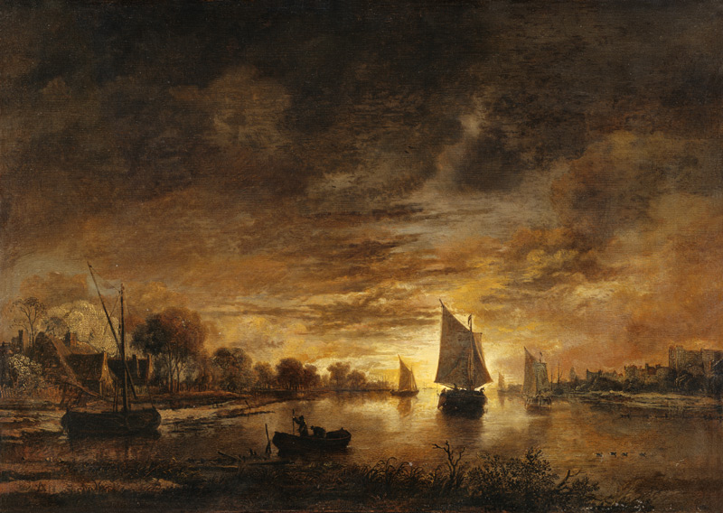 River Landscape with Ships at Moonrise de Aert van der Neer