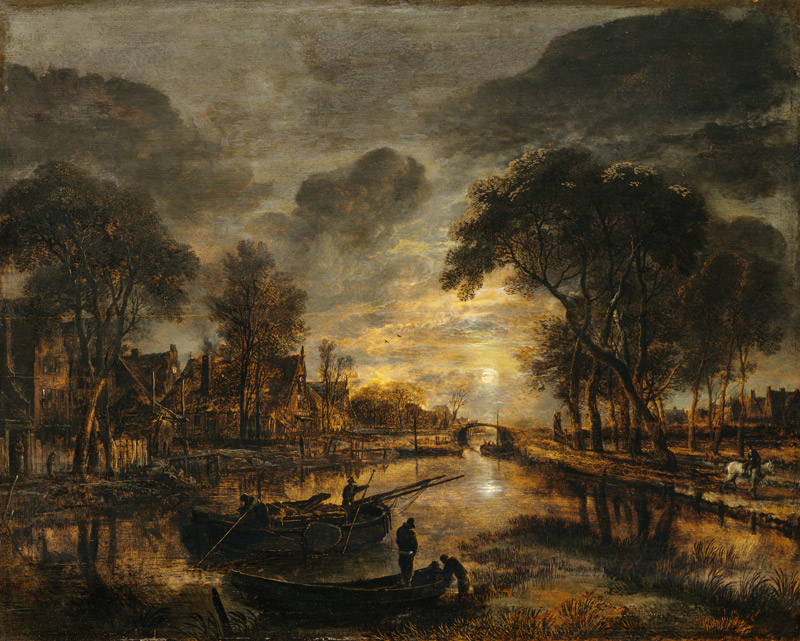 Nocturnal Canal Landscape with Fishing Boats de Aert van der Neer