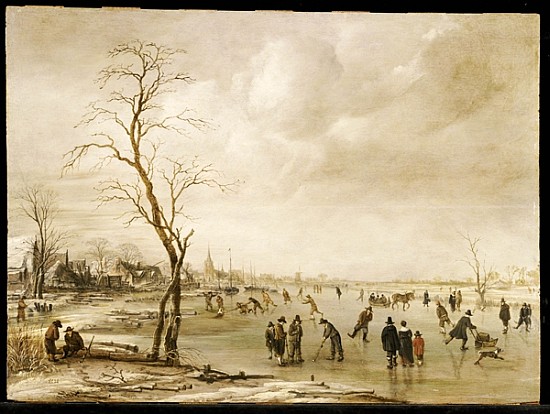 A Winter Landscape with Townsfolk Skating and Playing Kolf on a Frozen River, a Town Beyond de Aert van der Neer