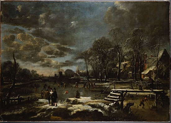 A Winter River Landscape with Figures Playing Golf and Skating de Aert van der Neer