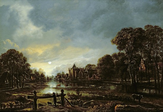 Moonlit River Landscape with Cottages on the Wooded Banks de Aert van der Neer