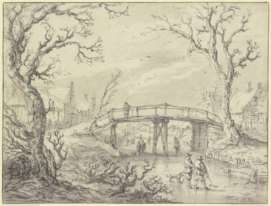 Über einen zugefrorenen Kanal bei einem Dorf eine Holzbrücke, vorne zwei Männer mit einem Hund de Aert van der Neer