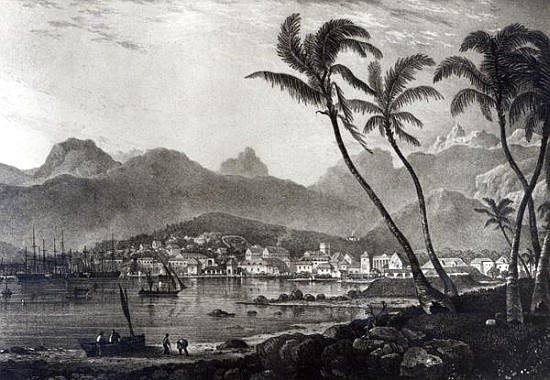 Port Louis from ''Views in the Mauritius'' by T.Bradshaw; engraved by William Rider de (after) BradshawT.