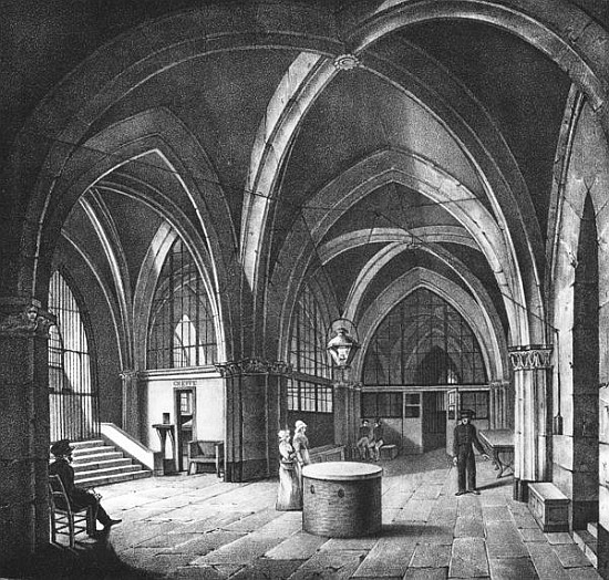 Interior view of the entrance room at the Conciergerie Prison; engraved by Alphonse Urruty (1800-70) de (after) Collard