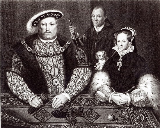 Henry VIII, his daughter Queen Mary and Will Somers, after a 16th century oil painting, painted post de (after) English School