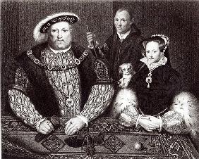 Henry VIII, his daughter Queen Mary and Will Somers, after a 16th century oil painting, painted post