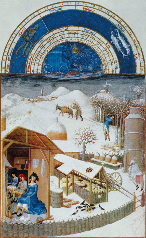 Facsimile of February: farmyard scene with peasants, copied from ''from the ''Tres Riches Heures du  de (after) Limbourg Brothers