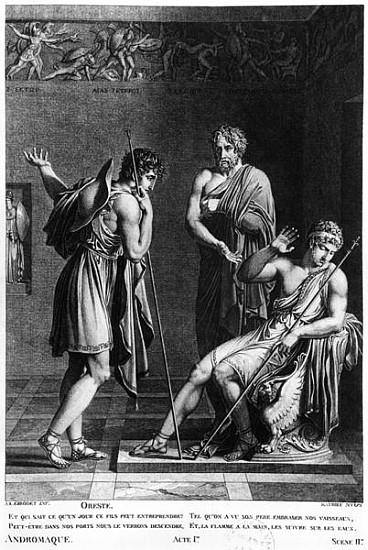 Orestes and Pyrrhus, illustration from Act I Scene 2 of ''Andromaque'' Jean Racine (1639-99) ; engra de (after) Anne Louis Girodet de Roucy-Trioson