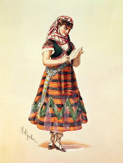 Hortense Schneider in her role in Offenbach''s operetta ''La Perichole'', illustration from ''Costum de (after) Antony Paul Emile Morlon