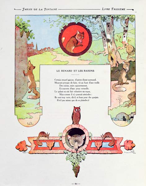 The fox and the grapes, illustration from ''Fables'' Jean de la Fontaine, 1906 edition de (after) Benjamin Rabier