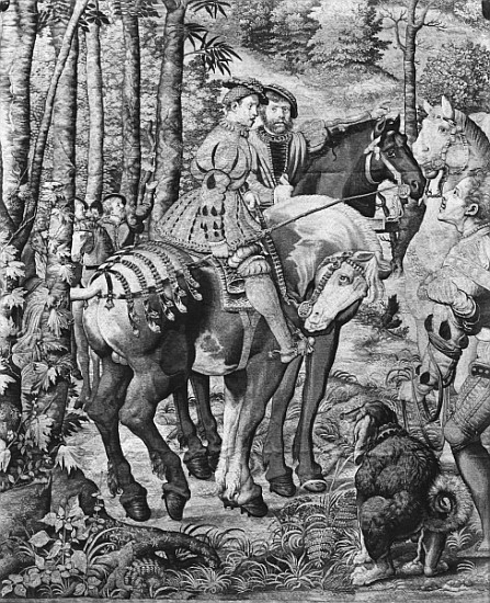 The Hunts of Maximilian, Leo, The Stag Hunt, the Report, Gobelins Factory (tapestry) de (after) Bernard van Orley