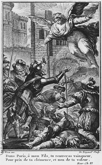 Siege of Paris, apparition of St. Louis (1214-70) to Henri IV (1553-1610) ; engraved by Joseph de Lo de (after) Charles Joseph Dominique Eisen