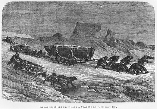 Pulling the sledges through the pack ice, illustration from ''Expedition du Tegetthoff'' Julius Pray de (after) Edouard Riou