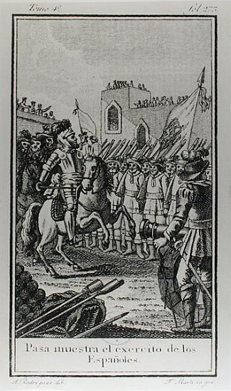 Hernando Cortes (1485-1547) Reviewing his Troops; engraved by Antonio Rodriquez de (after) F. Marti