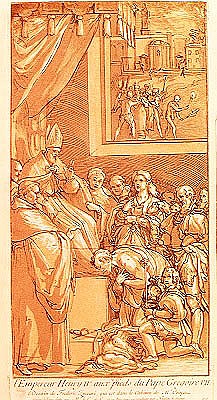 Emperor Henri IV (1050-1106) at the feet of Pope Gregory VII (1020-85) ; engraved by Nicolas Le Sueu de (after) Federico Zuccari or Zuccaro