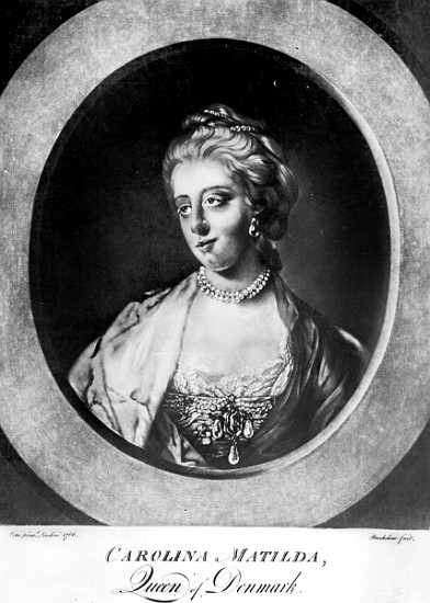 Caroline Matilda, Queen of Denmark and Norway; engraved by Brookshaw (b/w photo)  de (after) Francis Cotes