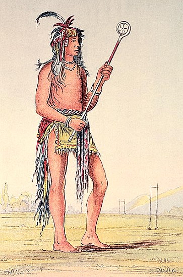 Sioux ball player Ah-No-Je-Nange, ''He who stands on both sides'' (hand-coloured litho) de (after) George Catlin