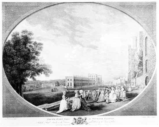 South East view of Windsor Castle, with the Royal Family on the terrace and a view of the Queen''s P de (after) George Robertson