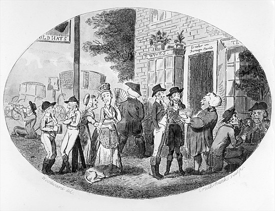 Outside the Old Hats Tavern; engraved by Isaac Cruikshank de (after) George Moutard Woodward