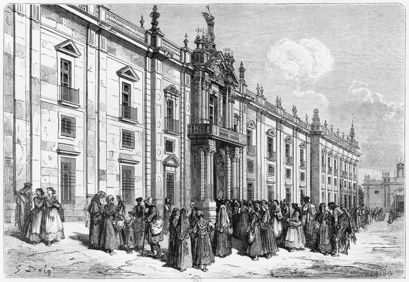 The tobacco factory at Seville; engraved by Charles Laplante (d.1903) de (after) Gustave Dore