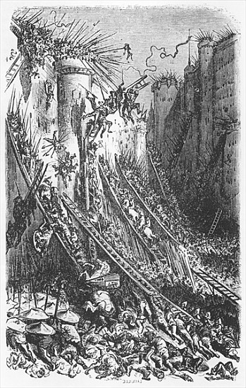 Attacking a castle or a fortified town, illustration from ''Les Contes Drolatiques'' Honore de Balza de (after) Gustave Dore